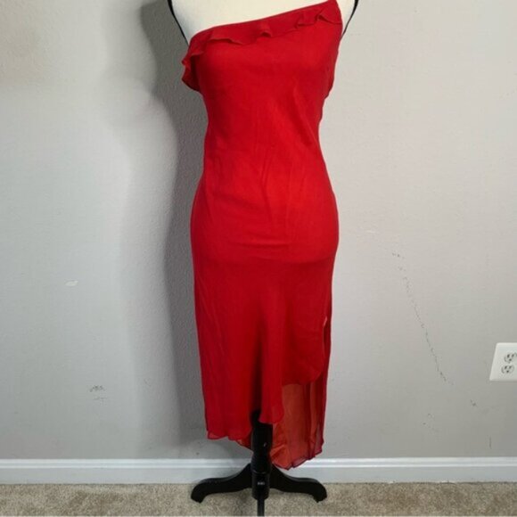 Express Red Silk One Shoulder Asymmetrical Cocktail Midi Dress - Picture 7 of 12